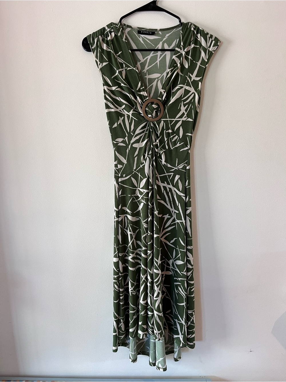 Darling Olive Green and Cream Patterned Midi Dress with Waist Ring